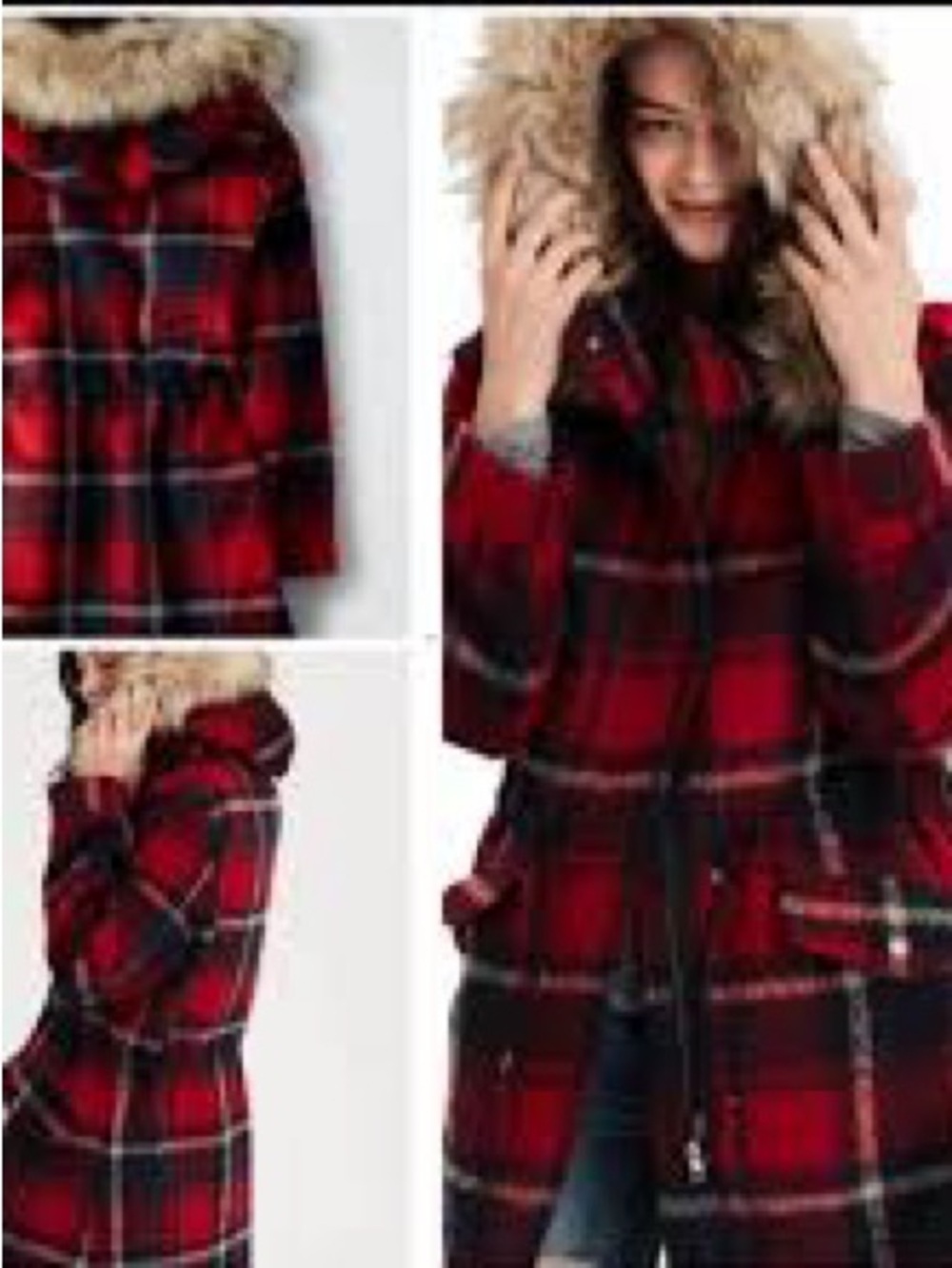 American Eagle Red Plaid Faux Fur Hood Wool Blend Coat Jacket XS